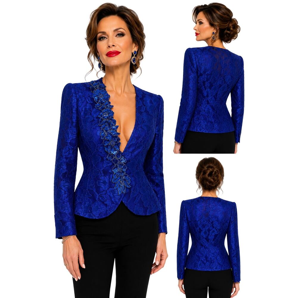 Vintage Ursula Of Switzerland Womens 10 Royal Blue Lace Beaded Evening Jacket